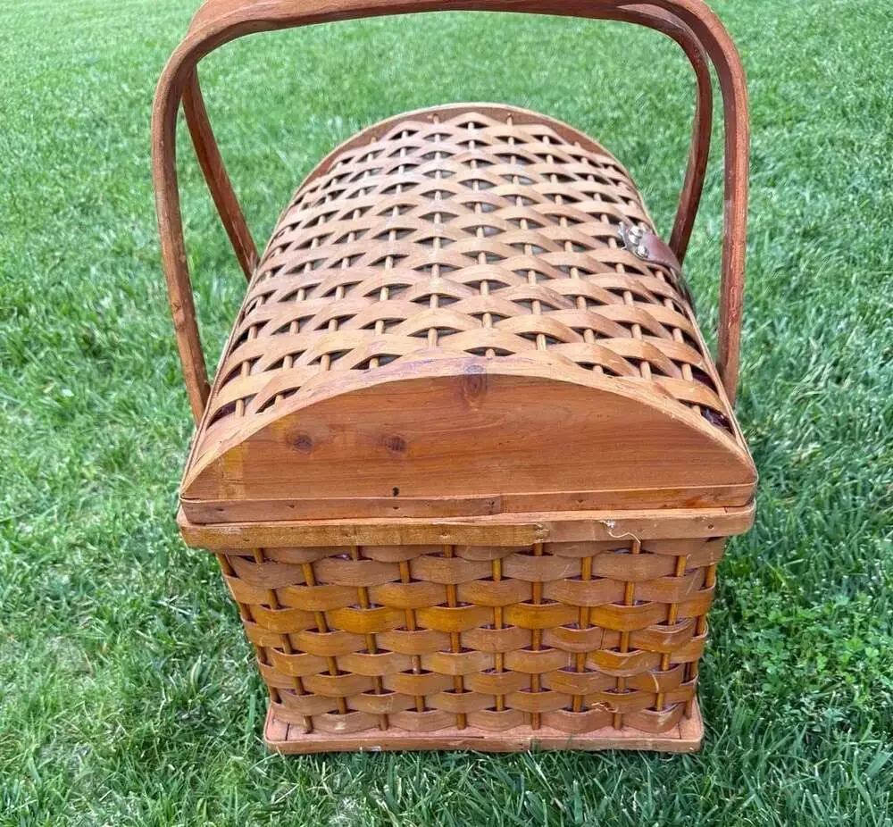 Vintage Wicker Picnic Basket with Red Bandana Print Lining